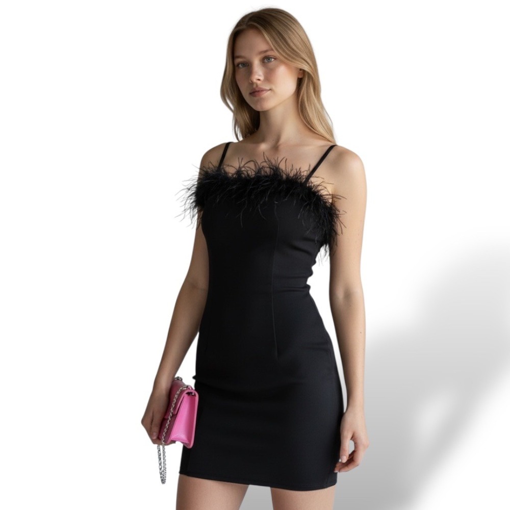 New Almost Famous Womens Feather Trim Mini Dress Size S Black‎ Party Y2K Glam